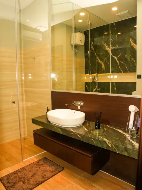 Marble bathroom with glass shower