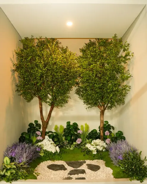 Indoor garden nook with olive trees and lavender
